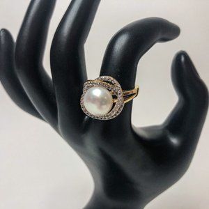 Italian Freshwater Pearl and Clear Quartz Gold Plated .925 Silver Ring